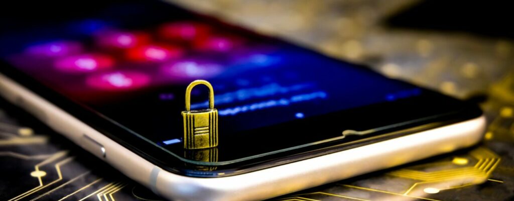 Padlock on phone for cybersecurity concept