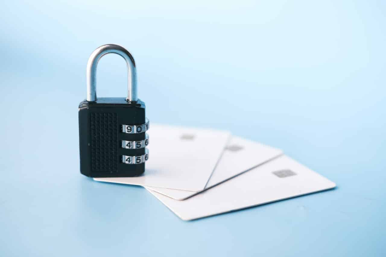 padlock on credit cards for data privacy concept